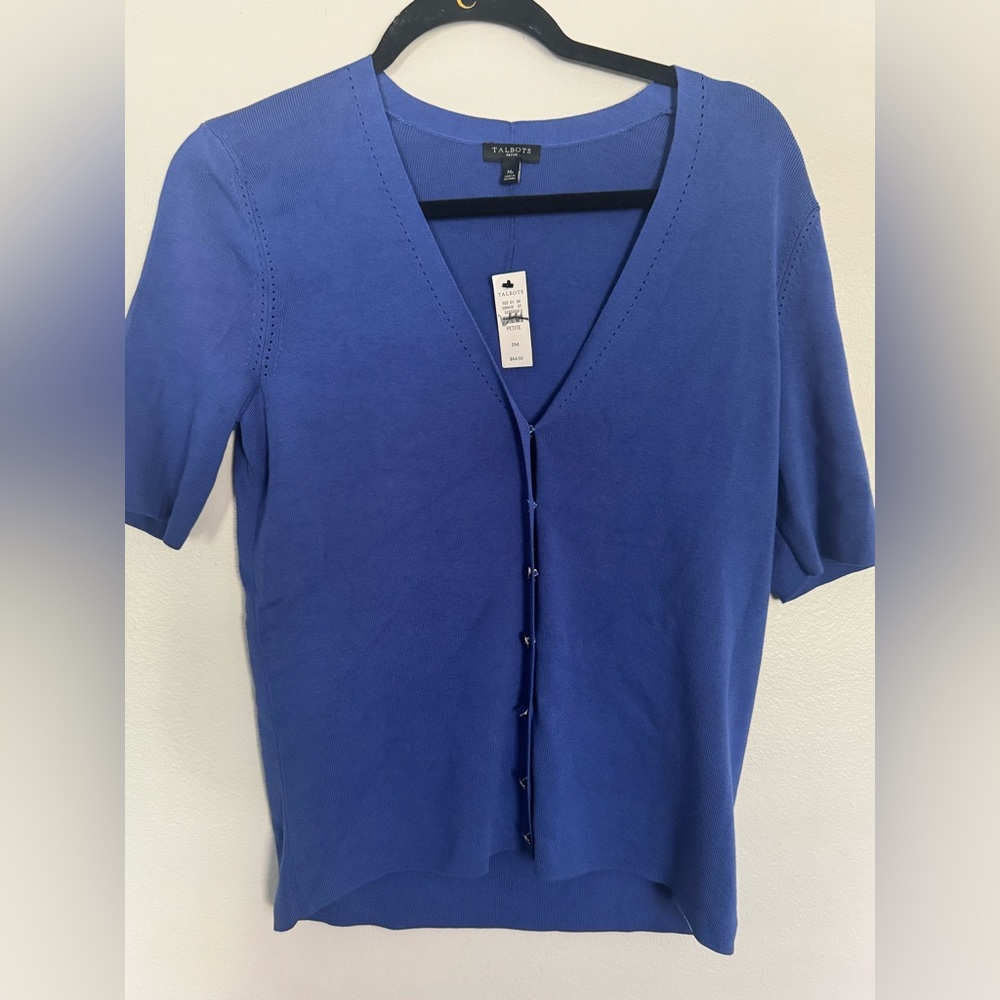 NWT Talbots Blue Cardigan Sweater Women's Short‎ Sleeve Petite Medium